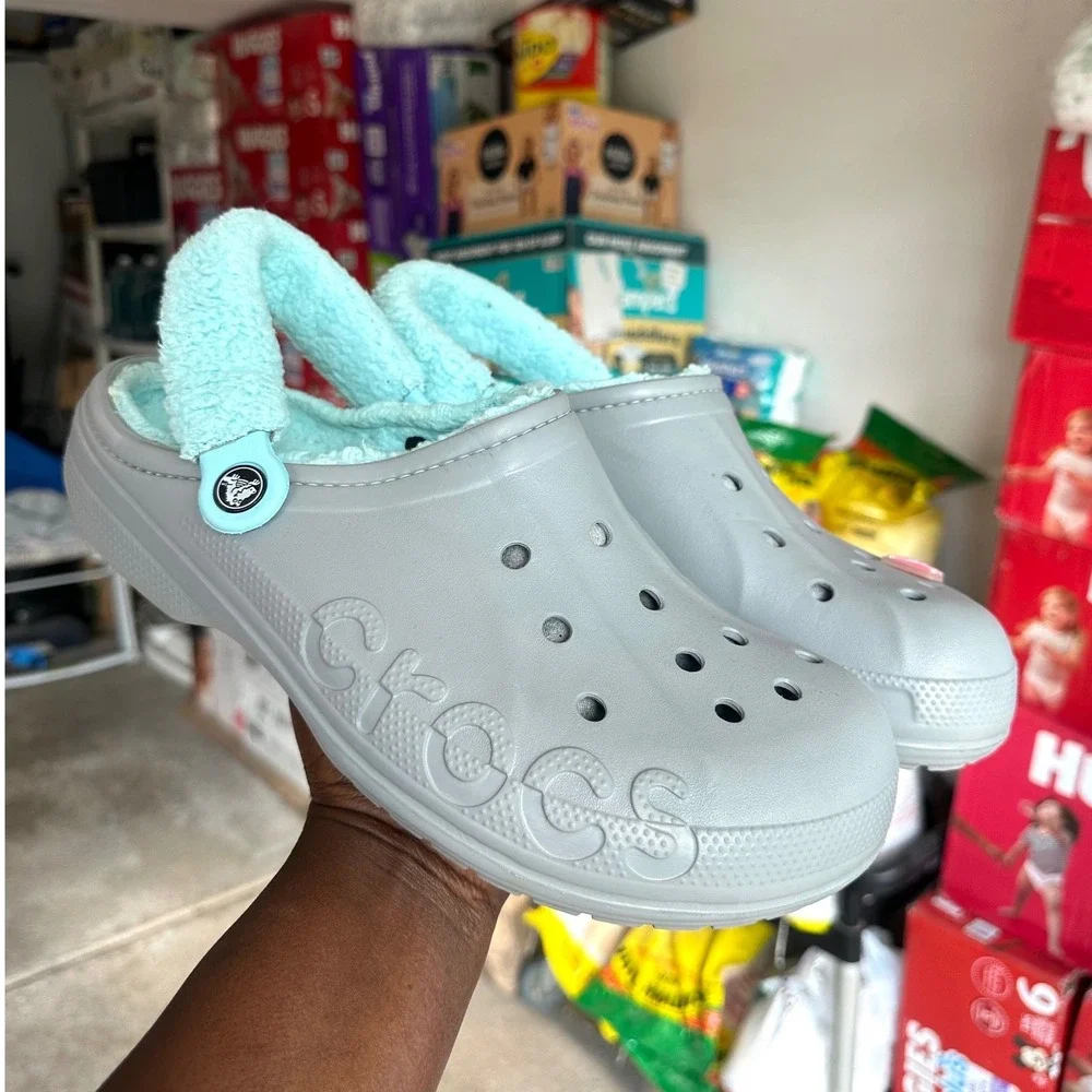 Crocs Adult Baya Lined Fuzzy Strap Clogs Size M11 Gray Aqua Blue Sandals